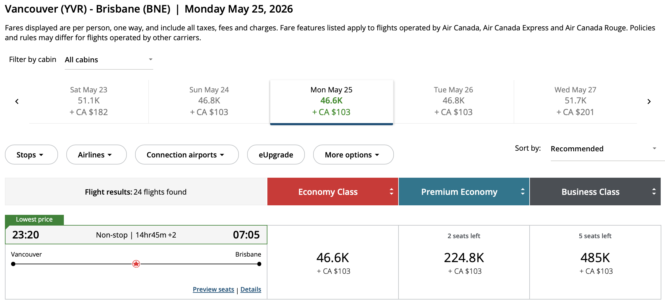 Vancouver to Brisbane Aeroplan – Outbound availability